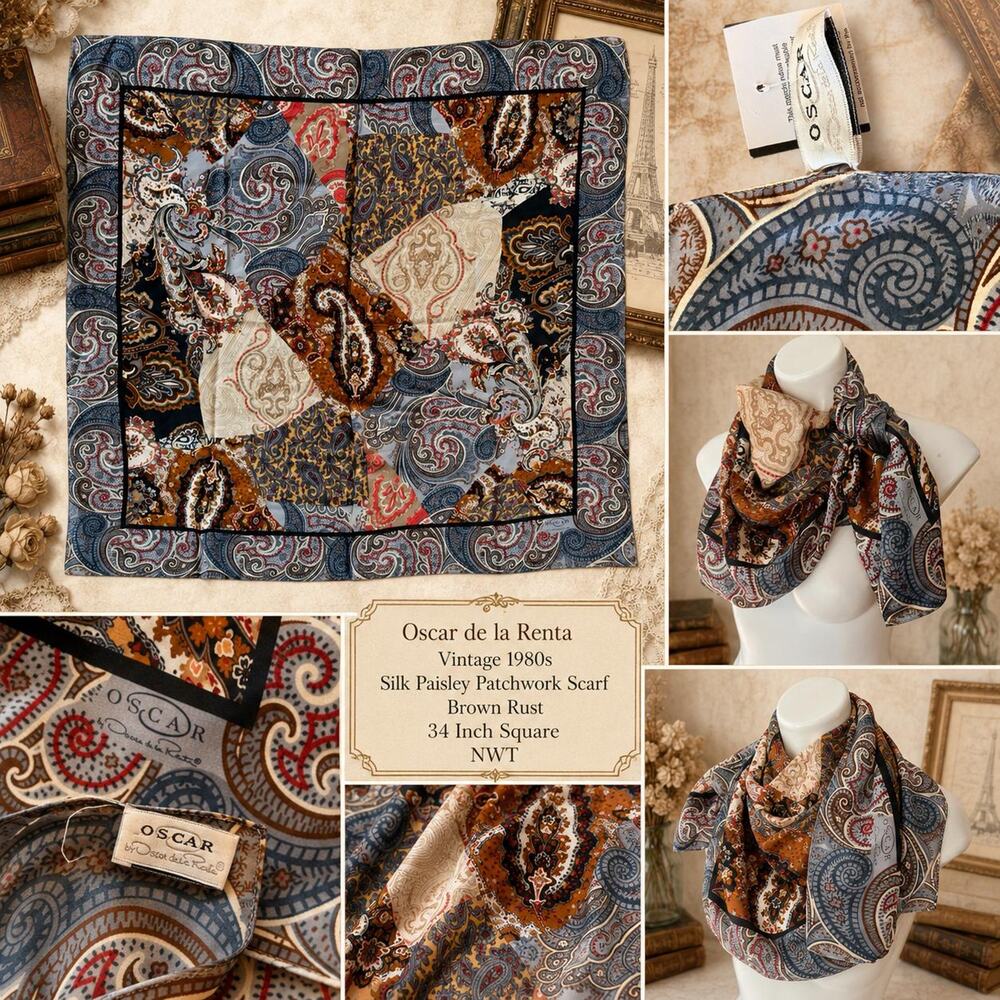 Vintage Oscar de la Renta Silk Paisley Patchwork Scarf 1980s NWT Brown Rust 34 - Picture 3 of 9